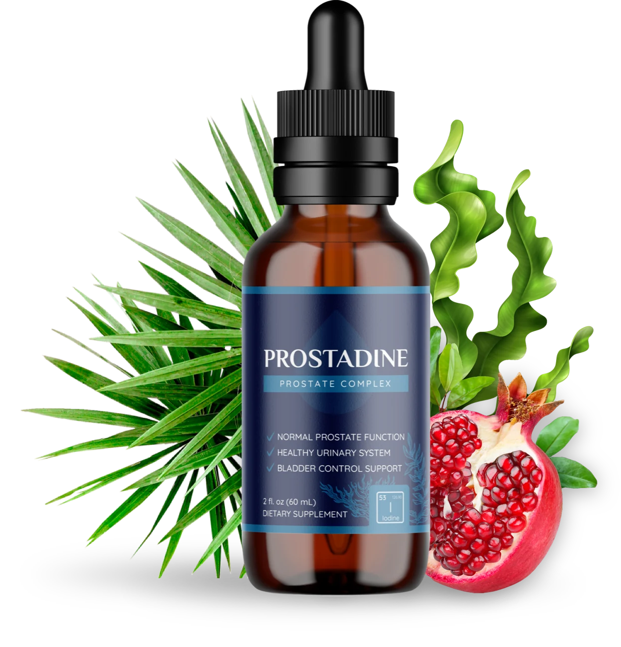 Prostadine liquid dietary supplement bottle with featured botanical imagery